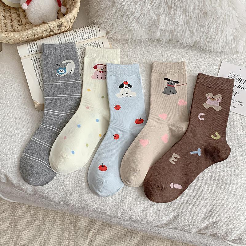 Women Socks Cartoon Cat Dog Japanese Kawaii Cute Middle Tube Socks Women Autumn and Winter Retro Long Socks