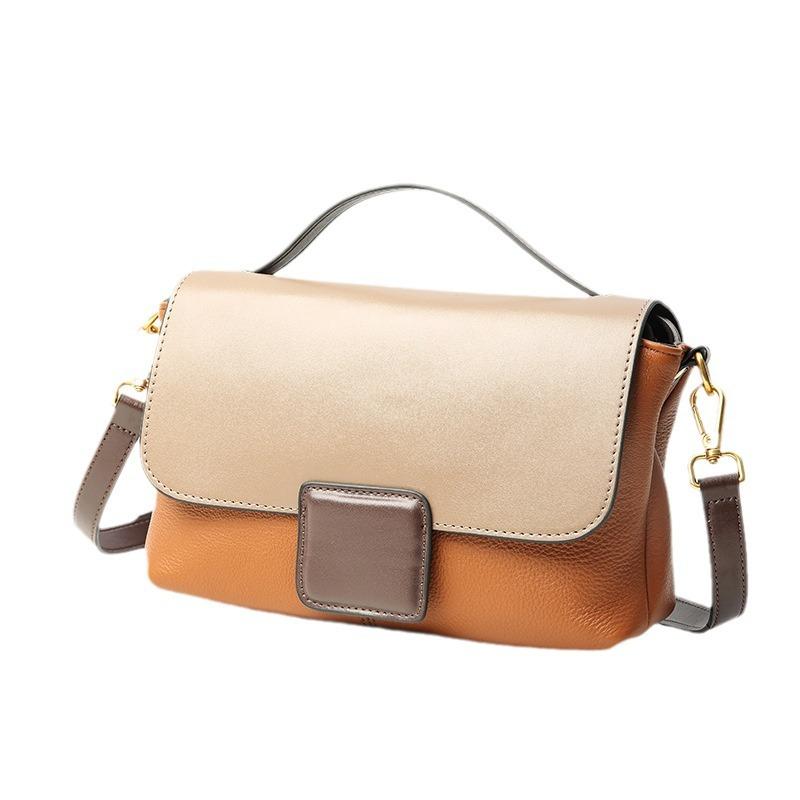 New Top Layer Cowhide Women's Bag, Fashionable and Versatile Handbag, Single Shoulder Crossbody, Contrasting Color Small Square Bag
