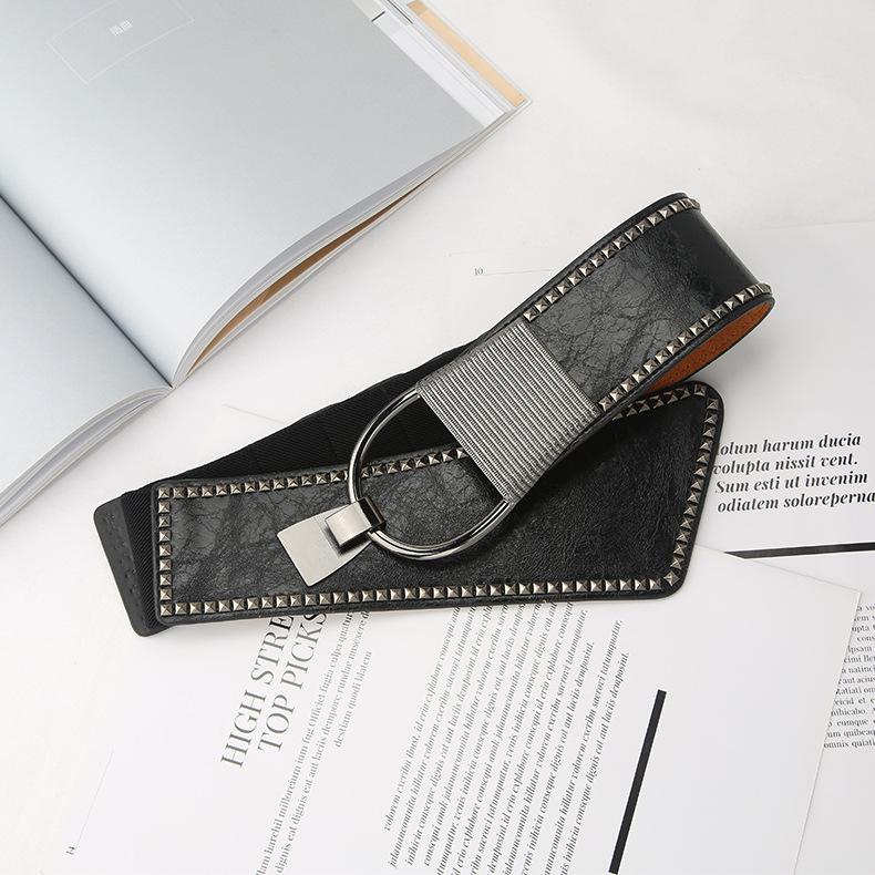 Belt Punk Slimming Style Wide Elastic Waist Belt With Decorative Rivets
