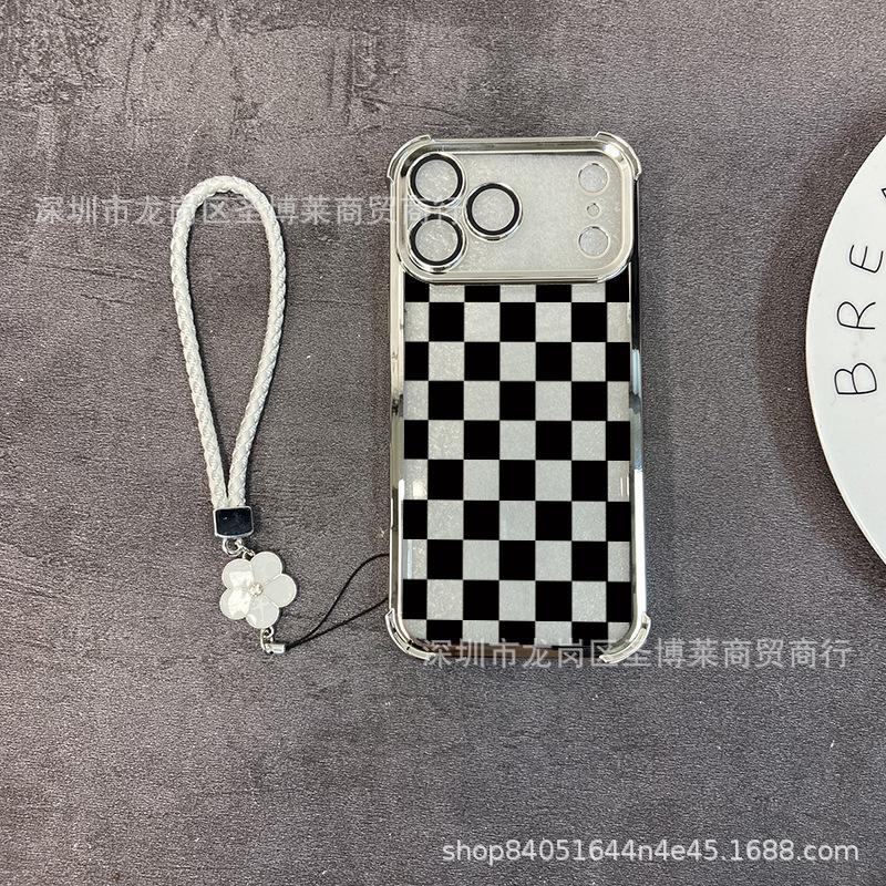 Black plaid applies to iPhone17 mobile phone case, four corners anti-drop airbag 16promax portable rope 15 protective case.