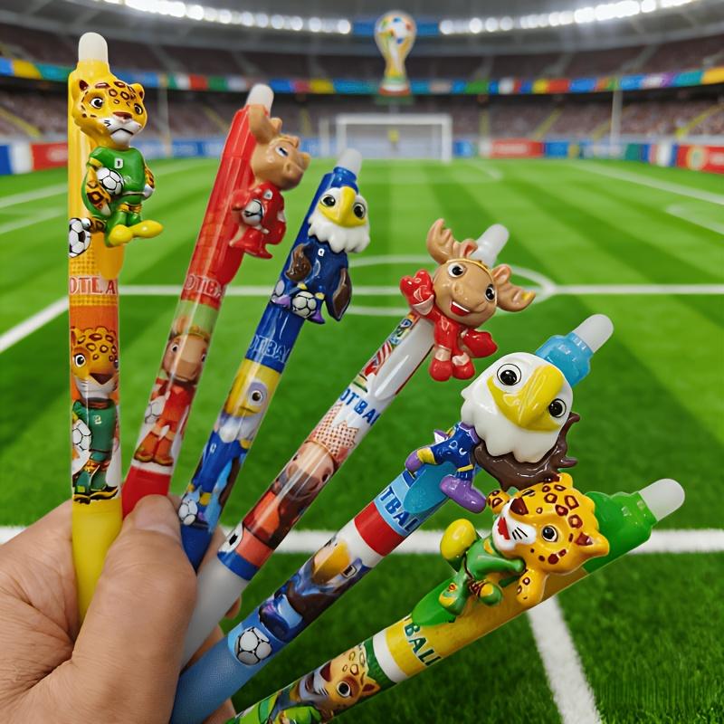 6pcs FIFA 2026 World Cup Mascot Click Pen, 0.5mm Erasable Ballpoint Pens, Cute Cartoon Study Office Stationery Set