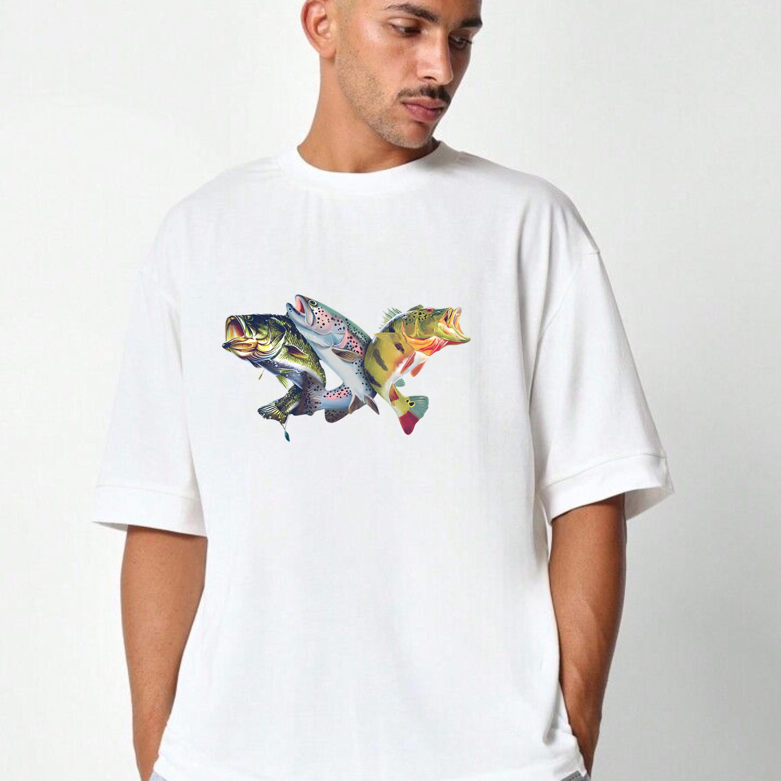 Freshwater Fishing T-Shirt: Bass, Trout, Three Fish Art (100% Cotton) M