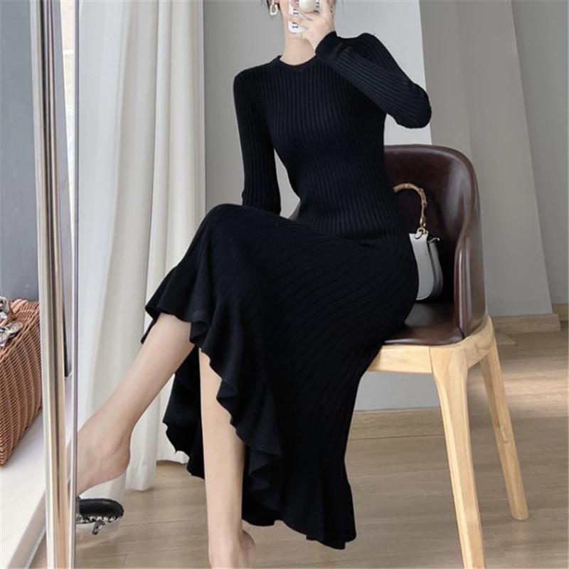 Knitted Mid-length Hip-hugging Dress Women's Inner Bottoming Sweater Skirt Ruffled Slim Slimming French Fishtail Skirt