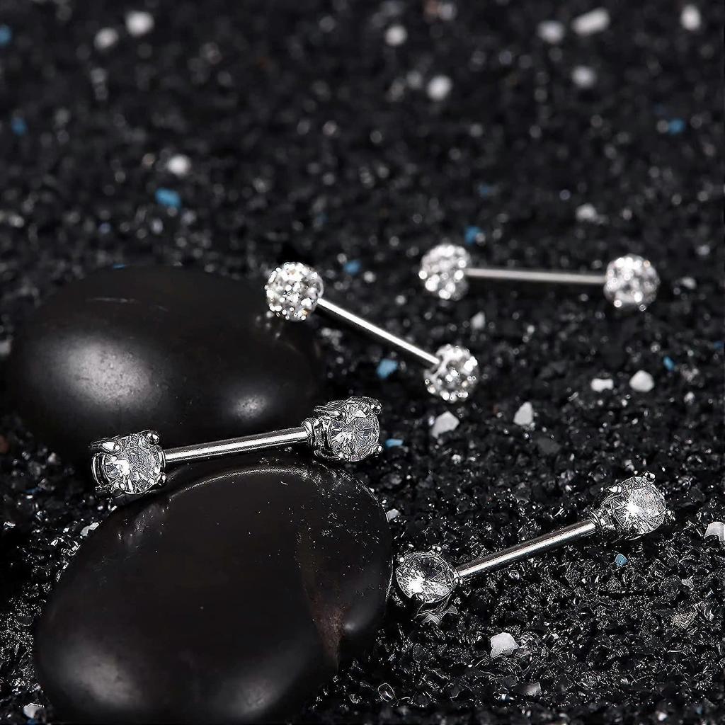 Katea 2 Pairs 316l Stainless Steel Nipple Rings Barbell Crystal Ball Piercing Nipple Cz Tongue Rings 14g S