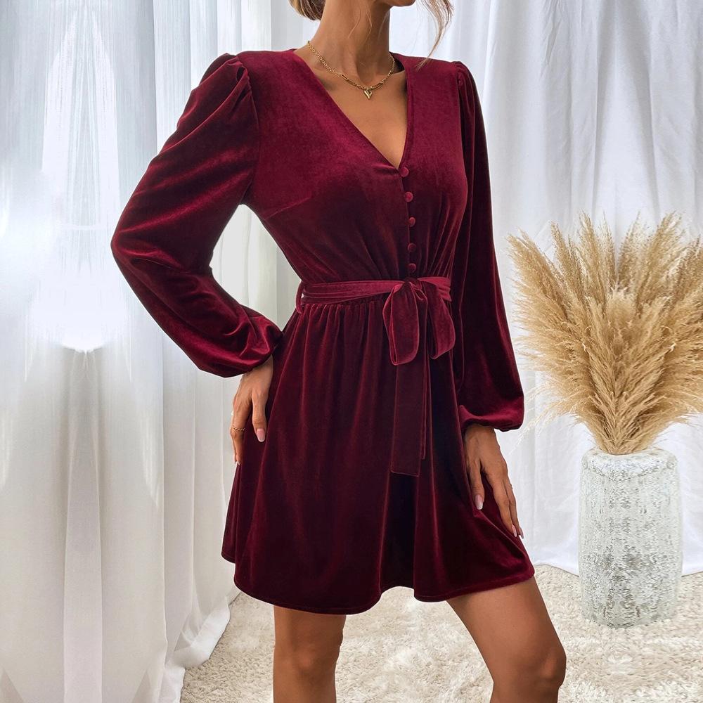 Women's V-neck Velvet Dress Autumn Winter Waist-cinching Slim-fit A-line Dress Long-sleeve Velvet Sexy Party Dress