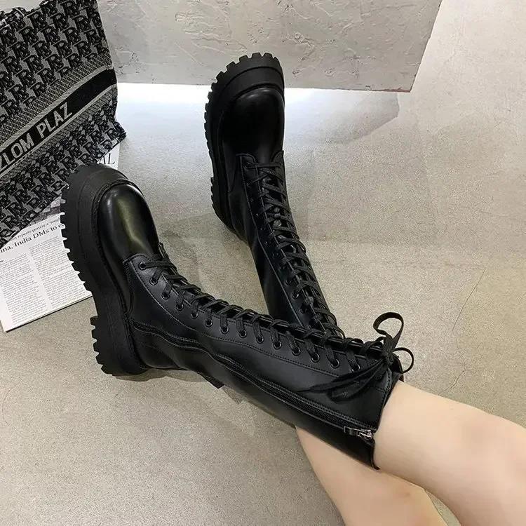 Women Motorcycle Boots Wedges Flat Shoes Woman High Heel Platform PU Leather Boots Lace Up Women Shoes Black Boots Girls2025