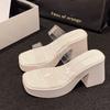 High-heeled slippers for women's summer outer wear 2025 new transparent one-word sandals waterproof table thick-soled thick-heeled cool slippers