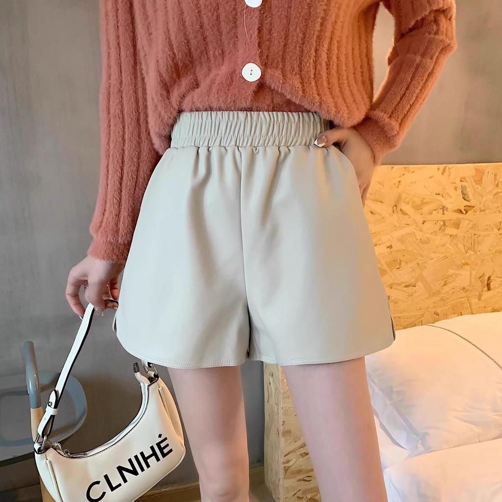 Women's High-Waisted PU Leather A-Line Shorts - Winter 2024, Versatile Wide-Leg Bootcut Pants
