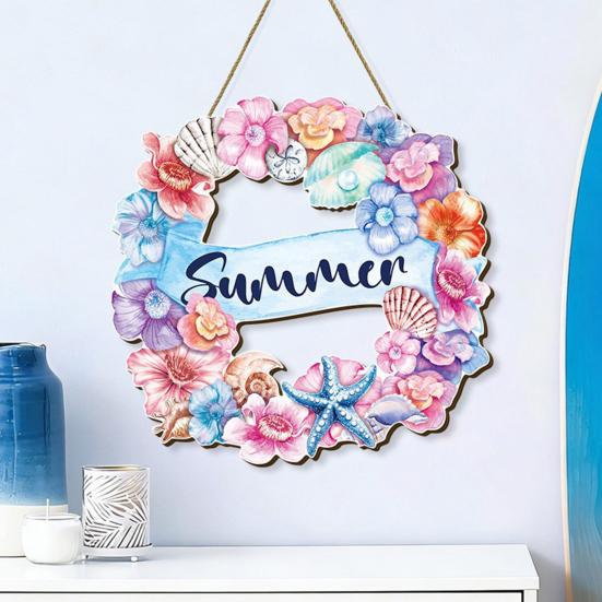 Summer Flower Shell Seastar Welcome Sign for Front Door Wooden Wall Hanging Sign Coastal Beach Round Wreath for Outside Porch Decor