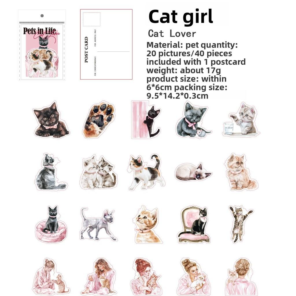 40pcs Pet Life Series Stickers Cat Cartoon Decoration Stickers for Scrapbooking Junk Journal Collage Stickers