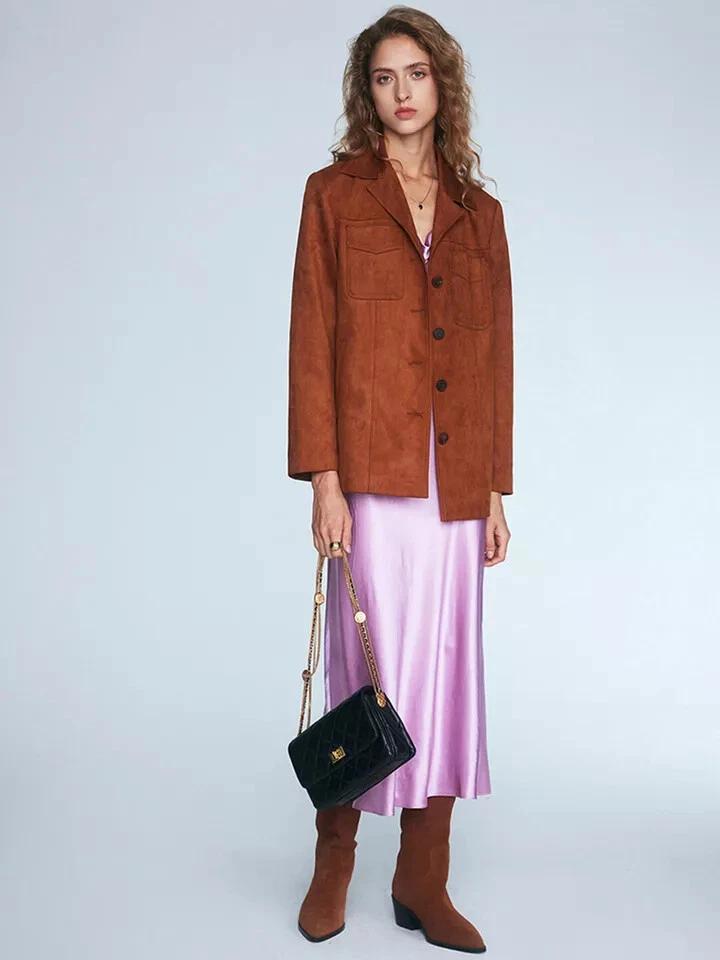 Blazer Marrón de Diseño Elegante para Mujer Hecho a Mano de Ante de Cuero Puro para Oficina Formal