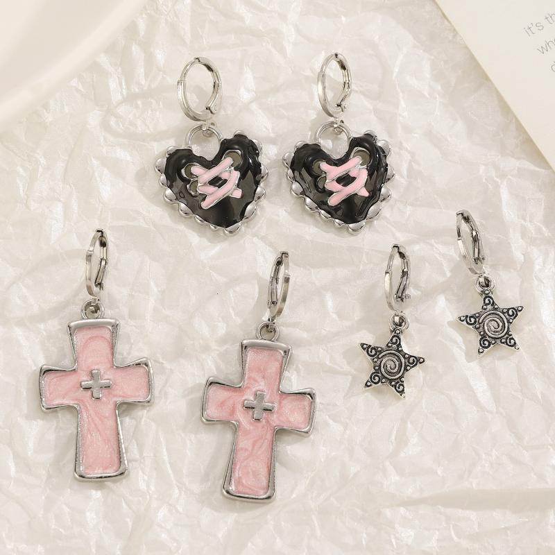 Goth Vintage Pink Crystal Cross Pendant Earring for Women Girl Irregular Oil Drip Ear Buckle Y2K Grunge Jewelry Accessories