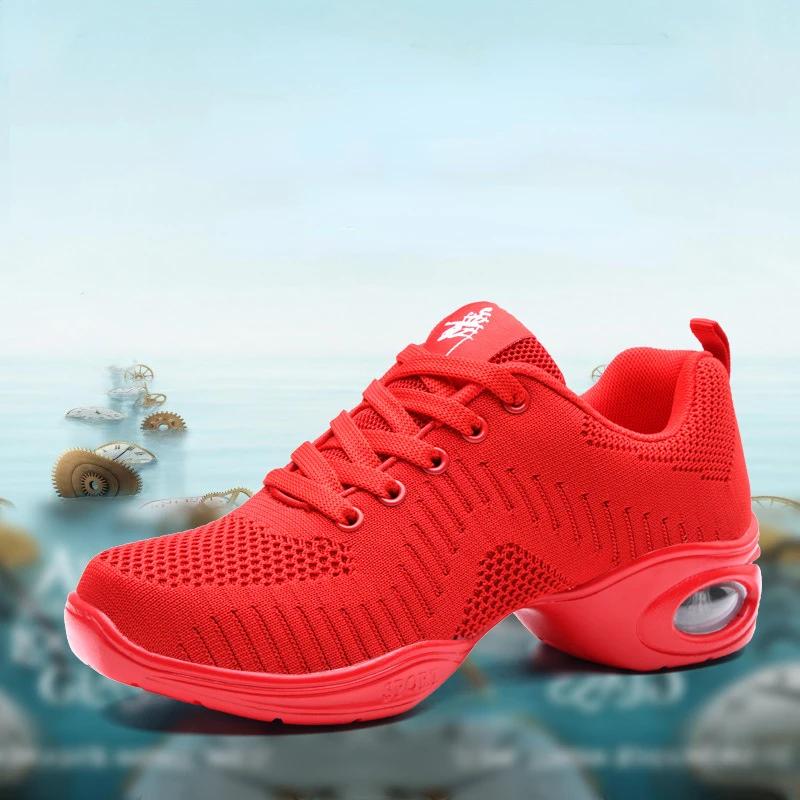 Women's Breathable Air Mesh Square Dance Shoes Jazz Shoes Girls Red White Black Air Cushion Soft Bottom Dance Sneakers