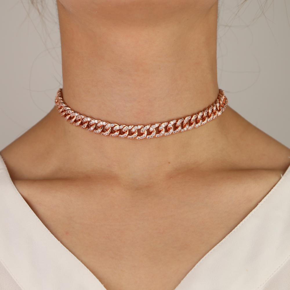Promotion Rose Gold Plated Charm Women Jewelry Iced Out Cz Bling Cuban Link Chain Necklace