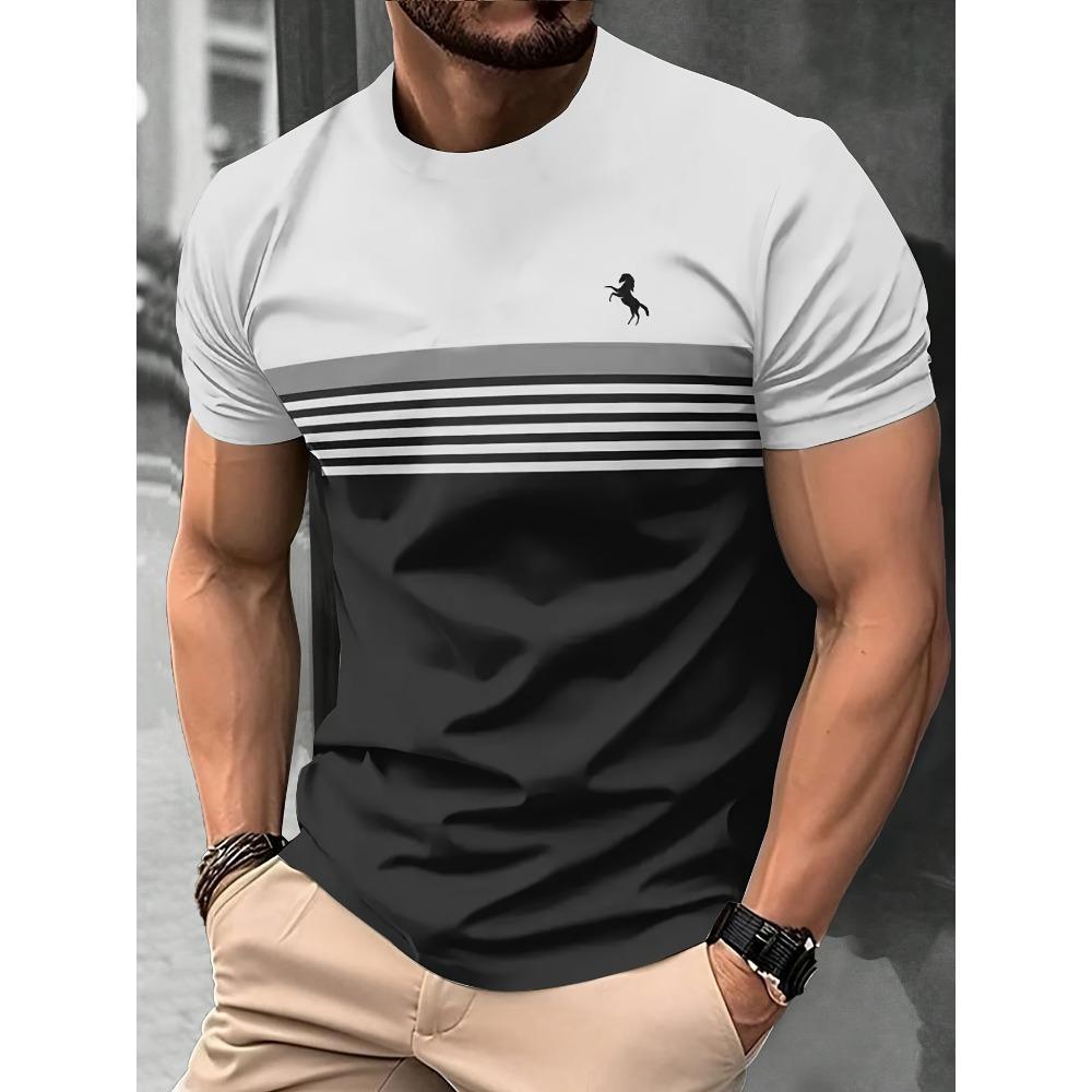 3D-Printed Color-Striped Men's T-Shirt Ship Anchor Pattern  Harajuku Street Style Round-Neck