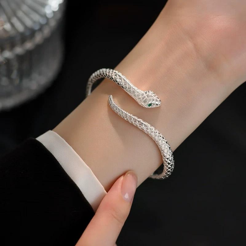 Pulsera Animal Punk Hip Hop Serpiente Abierta Ajustable para Mujer Color Plata Vintage Pulseras Joyería para Fiesta de Boda Regalos