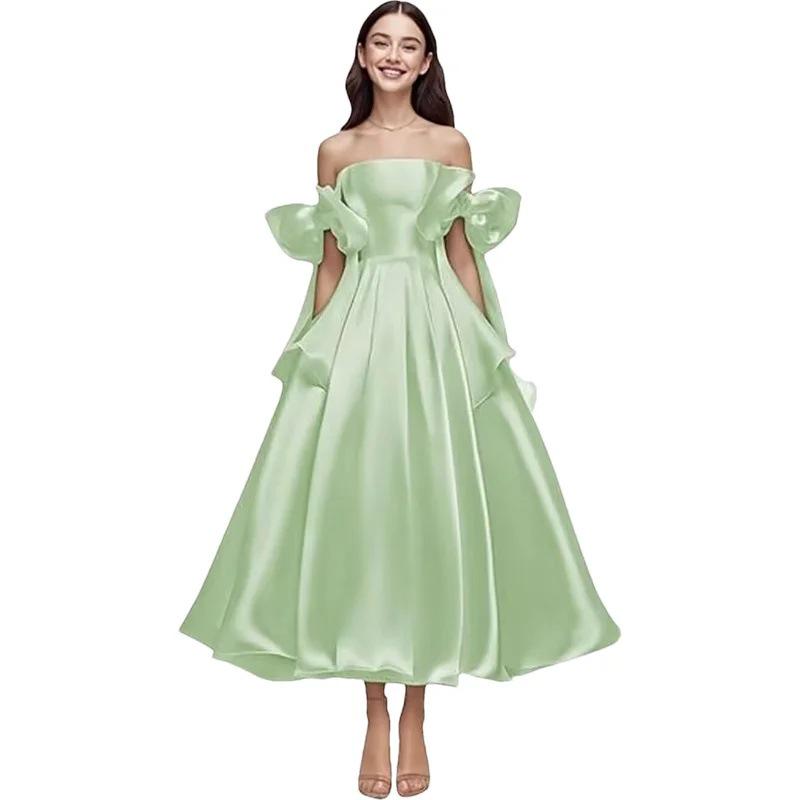 Elegant One-Shoulder Cross-Body Light Wedding Dress with Lace-Up Back and Puffy Skirt
