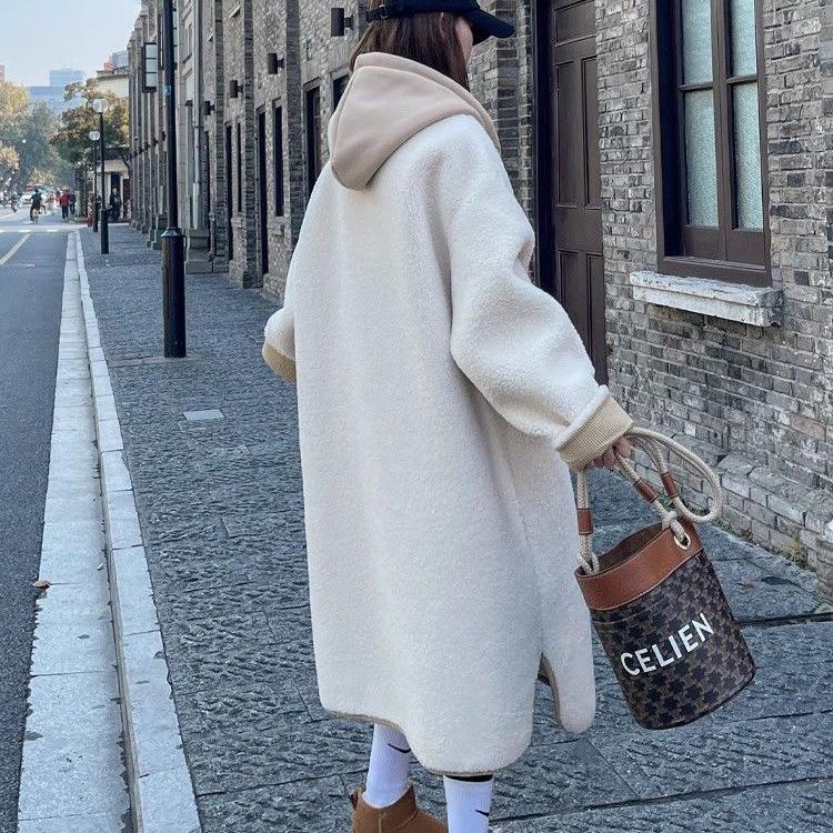 Beige Hooded Lambswool Mid-Length Coat - Thickened Korean Style, Loose Fit, Autumn/Winter Plush Jacket
