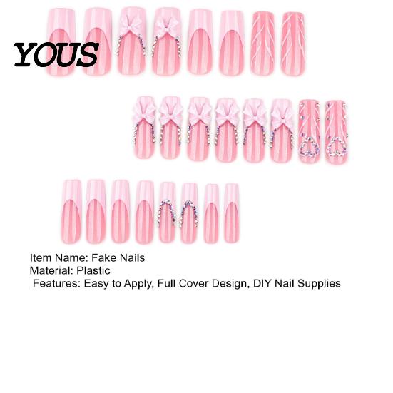 Long Rectangular Nails 24Pcs French Tip Press On Nails, 3D Pink Bow Rhinestone Fake Stick-on for Women, Removable Full Cover Glue At Home Nail