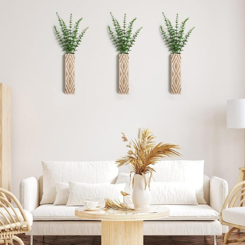 Wall Mounted Wooden Flower Vases Planter Geometric Pattern Hanging Floral Arrangements Container For Home Office Decors