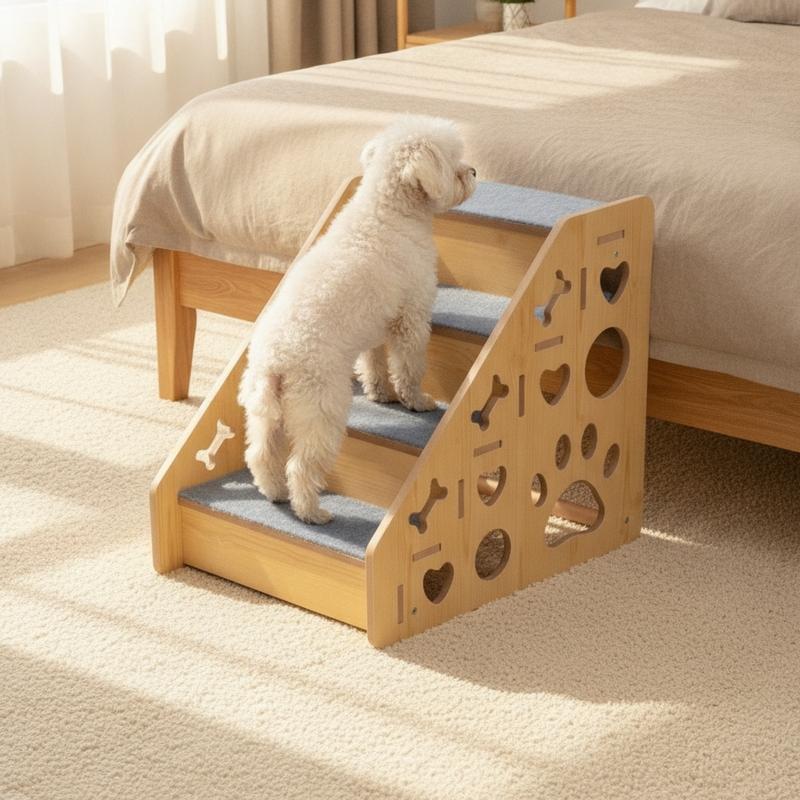Wooden Pet Staircase Carpeted 4-Step Pet Stairs Dog Steps with Carpet Indoor Furniture Wide for Small Dogs, Bedside, Sofa