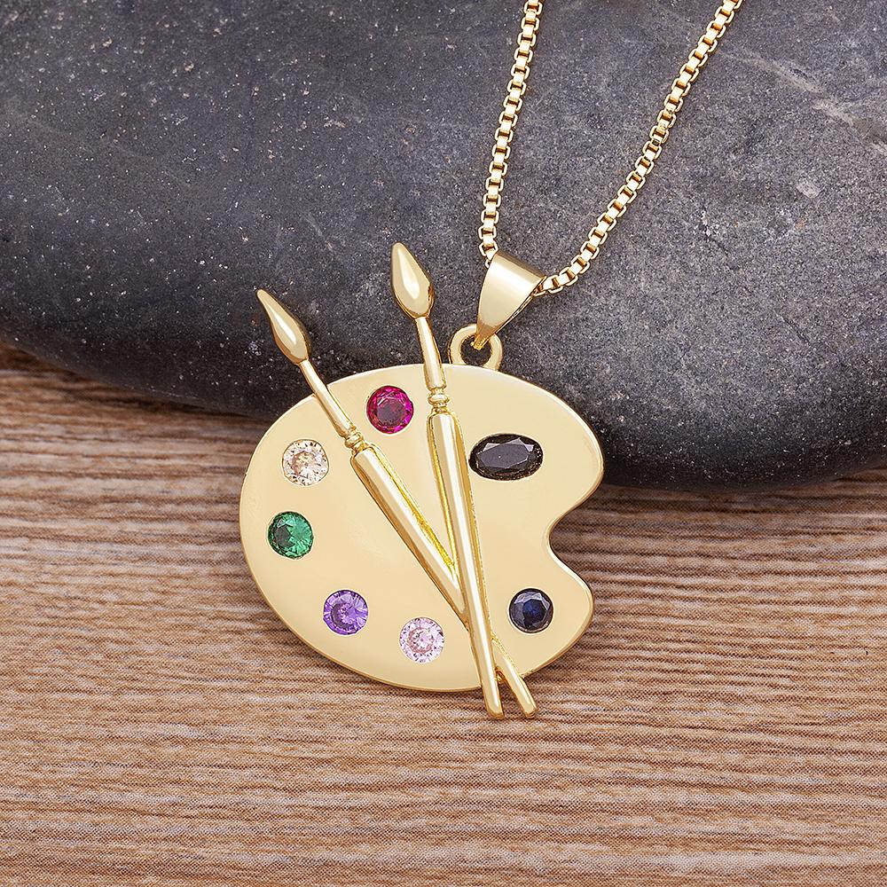 Fashion Painting Plate Colorful Zirconia Pendant Necklace for Women Art Pigment Palette Draw Brush Chain Link Jewelry