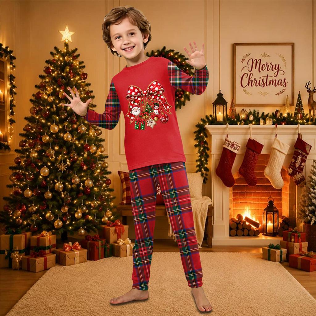 Christmas-print long-sleeve and long-pant matching family loungewear set