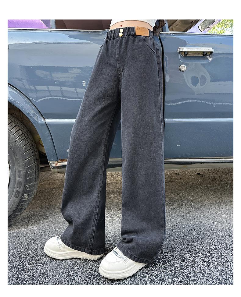 Girls' Patchwork Denim Wide-Leg Pants - Autumn/Winter 2025 Korean Style for Children