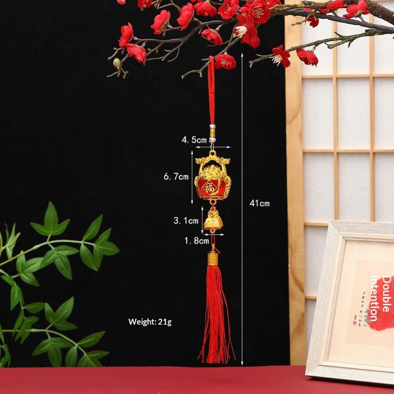 Lunar New Year Lucky Hanging Ornament with Red Tassel Golden Charm Festive Portable Decor for Travel Hotel Room Spring Festival