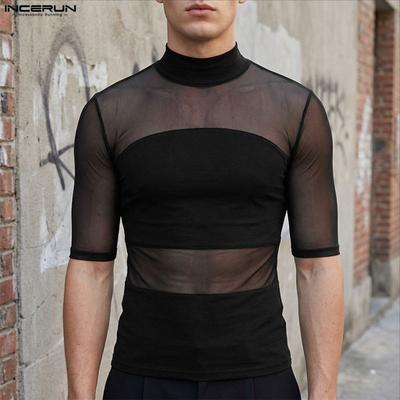 Sommerliche Herren-T-Shirts mit Rundhalsausschnitt, kurzen Ärmeln, durchsichtigem Mesh-Einsatz und Patchwork-Design