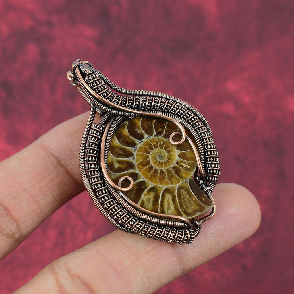 Ammonite Fossil Copper Pendant Copper Wire Wrapped Jewelry Handmade Pendant Dainty Gemstone Pendant Copper Wire Wrap Pendant Gifts For Wife