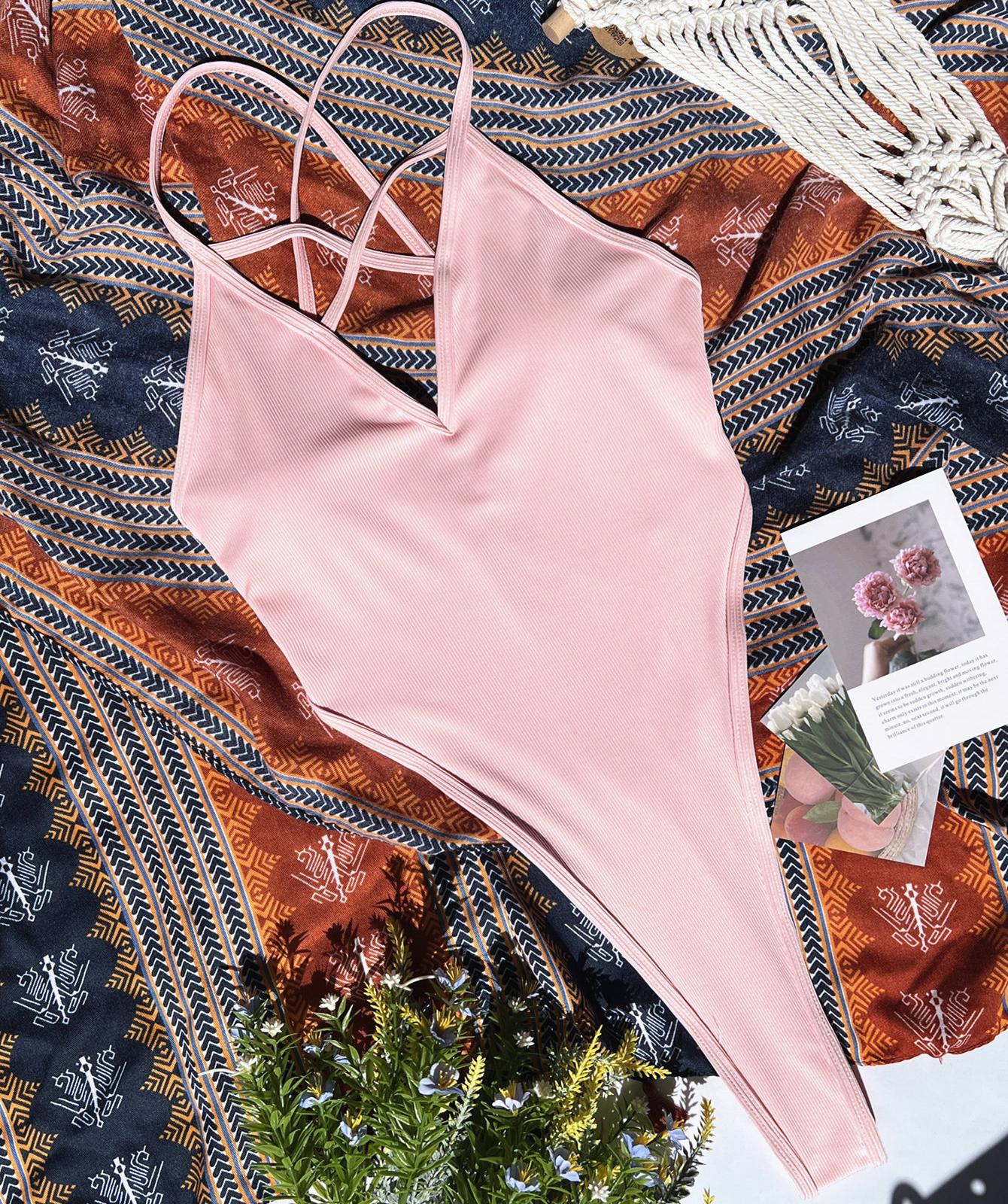 

Сексуальный женский купальник, сплошной цвет, цельный купальник, бикини с крестообразным вырезом, бразильская пляжная одежда L розовый