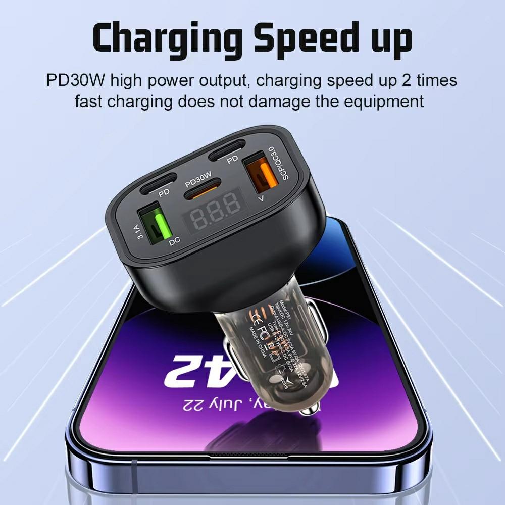 P91 3 Type C + 2 USB 5 In 1 150W Car Charger QC3.0 PD Fast Charging Adapter with Voltage Display