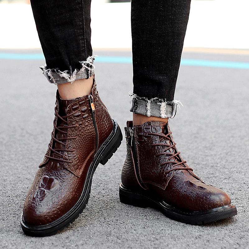 Mens Boots High Quality Men Casual Shoes Winter Lace-Up Side Zipper Ankle Boots Plush Warm Outdoor Snow Shoes Crocodile Pattern