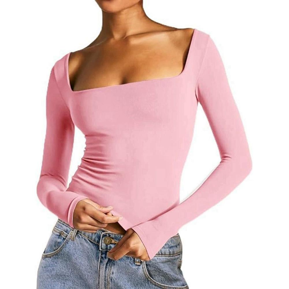 Women's Solid Color Square Collar Top,Slim Long-sleeved Top