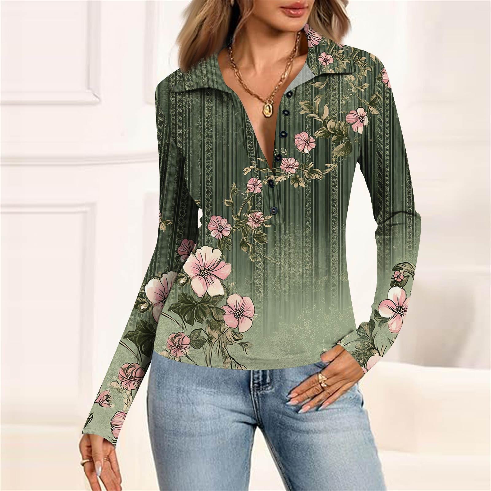 

Женская мода Повседневный принт V-образный вырез Длинный рукав Застегивающаяся на пуговицы блузка S зелёный