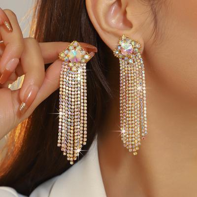 High-end Shiny Long Fringed Earrings, Micro-inlaid Rhinestone Earrings, Copper Earrings, All-copper Shiny