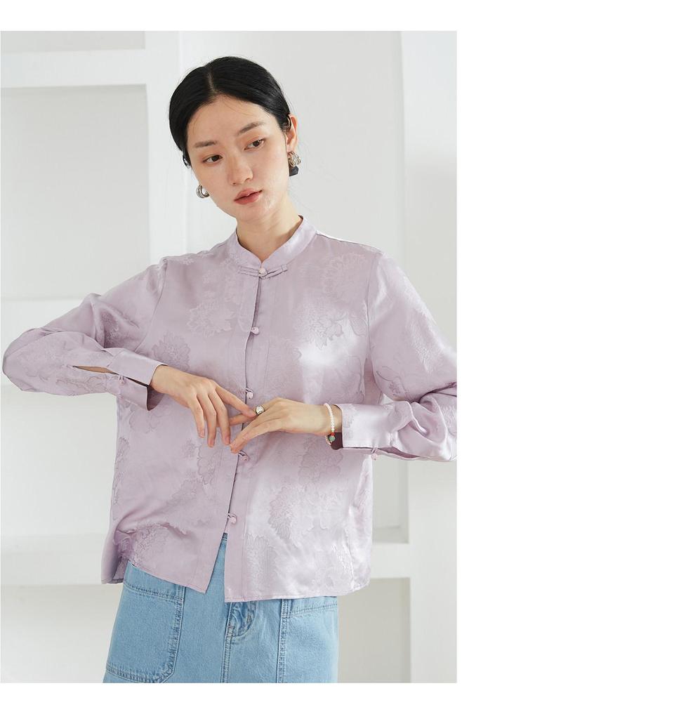 Women's 100% Mulberry Silk Floral Jacquard Shirt with Stand Collar and Frog Button, Long Sleeve Spring Top