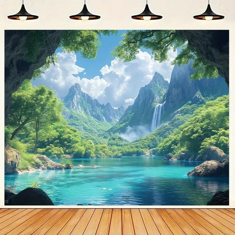 Scenic Mountain Lake Waterfall Tapestry Wall Hanging Boho Home Decor Living Room Bedroom Background Wall Art Blanket