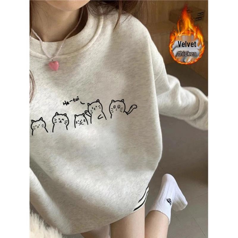 Women's Fleece-Lined Sweatshirt: Cartoon Cat, White & Gray, Long Sleeve, Round Neck, Autumn/Winter 2025 Style