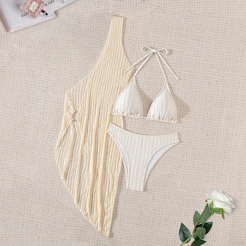 Sexy One Shoulder Knitted Cover Up 3 Piece Bikini Set Women Push Up High Waist Swimsuit Beach Bathing Suit Swimwear Biquini