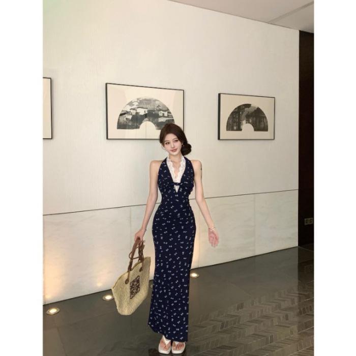 

French pure desire wind neck floral dress women s summer sexy lace splicing waist thin hip long skirt S