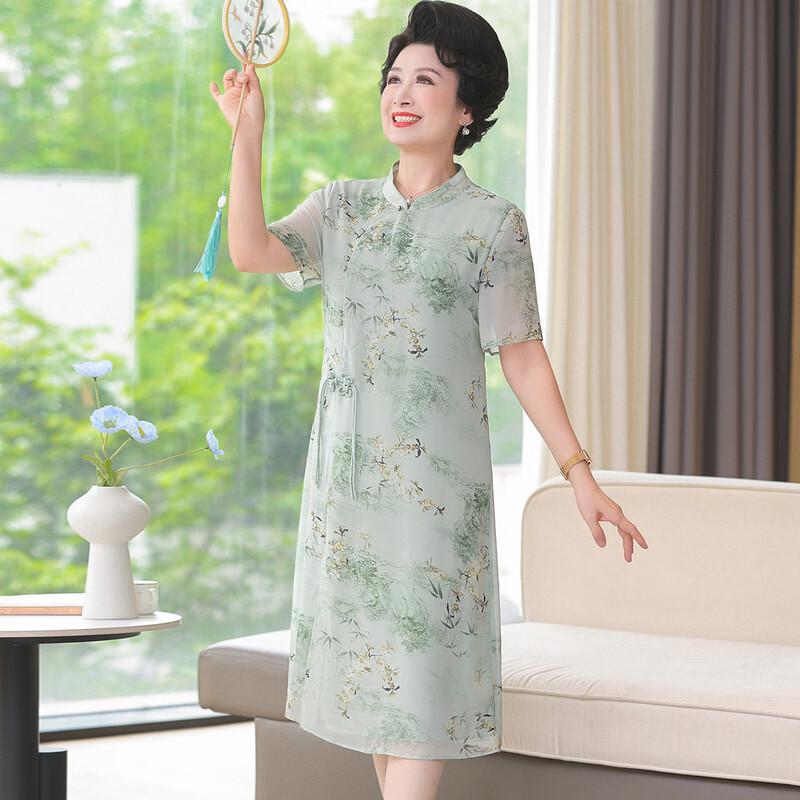 New Chinese Style Elegant Summer Short-Sleeve Dress for Middle-Aged Women