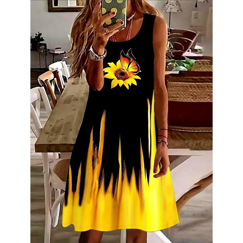 Ladies  fashionable and elegant 3D sunflower honey butterfly pattern printed vest dress S