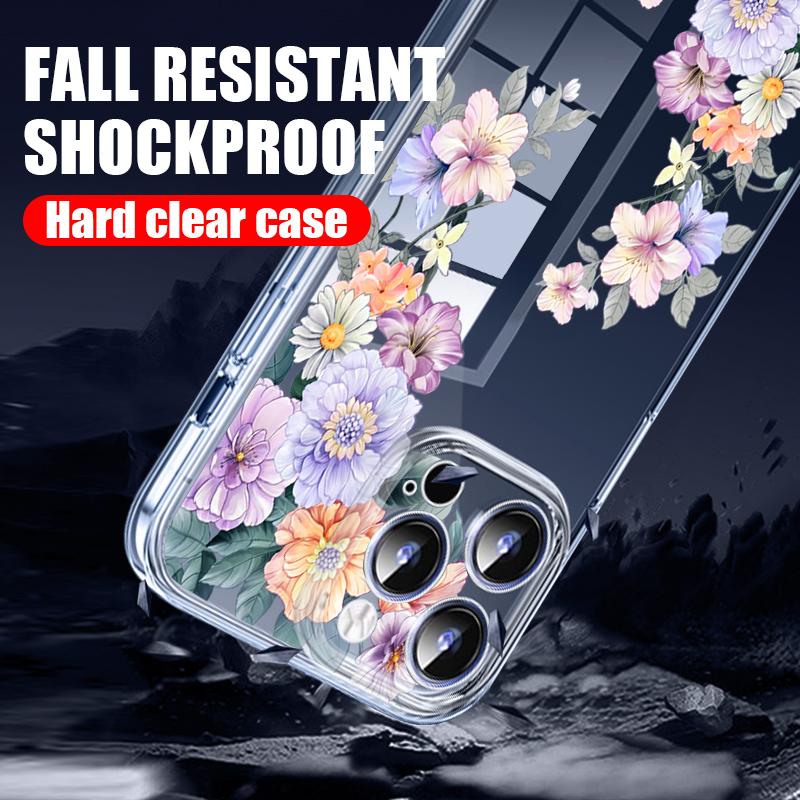 Farbiger Blumendruck, klare, stoßfeste Handyhülle für iPhone 16 Pro Max 15 Pro 14 13 12 11, Hart-PC-Linsenschutz, schlanke, transparente Stoßstangenabdeckung