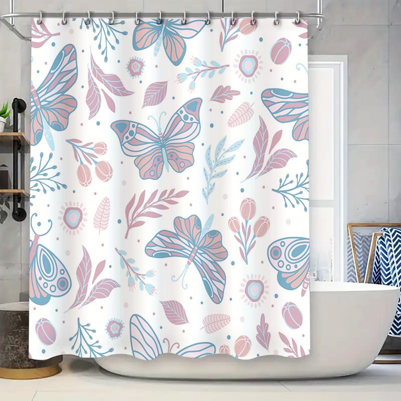 

Beautiful Butterfly And Floral Design Waterproof Shower Curtain For Bathroom Decor Pink Blue Purple White W60H190(CM)-1 Pcs