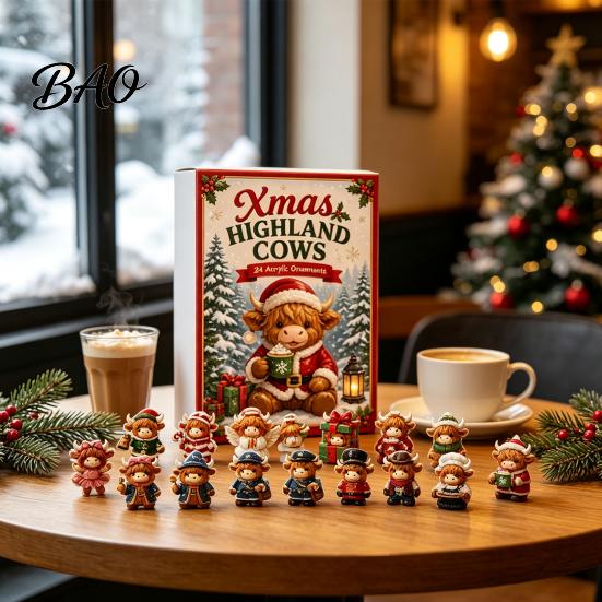 Decorative Tabletop Display 2026 Highland Cow Advent Calendar, 24 Day Christmas Countdown Calendar with 2D Acrylic Collectible Durable Hanging Pieces