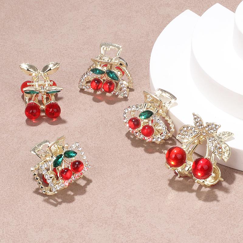 Exquisite Rhinestone Cherry Small Claw Clip for Women's Bangs and Forehead Hair.