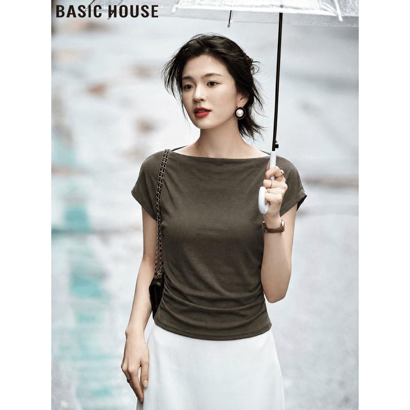 Basic House Women s French Off-Shoulder Short Sleeve T-Shirt One Size
