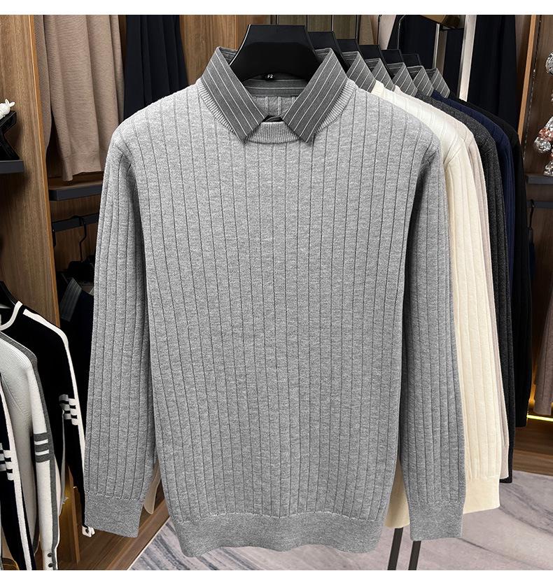 Men's Faux Two-Piece Autumn/Winter Knit Sweater with Shirt Collar - Casual Base Layer for Middle-Aged Dads